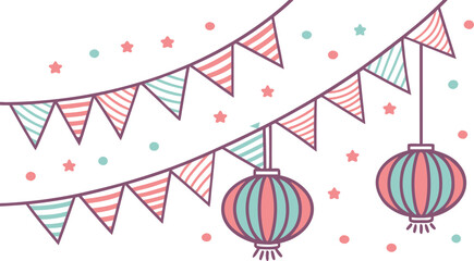 Adobe Illustrator Artwork  A vector illustration of festive celebration banners with pendant flags, hanging lanterns, stars, and circles