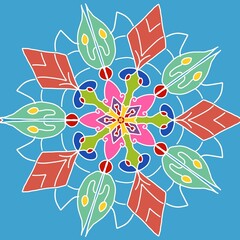 Colorful floral mandala ornament on blue
