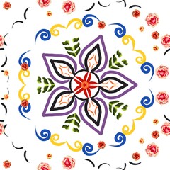 Hand-drawn mandala with floral border on white