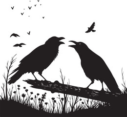 Fototapeta premium Two crows silhouetted on a branch with flying birds