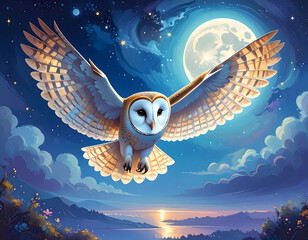 A barn owl soars through the night sky, wings outstretched, illuminated by the full moon and twinkling stars above a serene landscape.