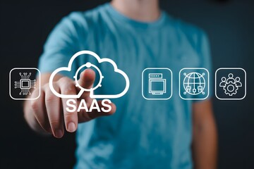 Person touching saas cloud icon with various technology icons on a dark background in studio shot
