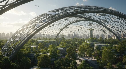 A large, modern architectural structure with a glass dome over a green urban park.