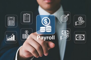 Man touching payroll button surrounded by financial icons on a digital interface screen display