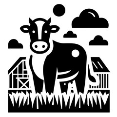 Black and white illustration of a cow in a field with a barn and clouds in the background