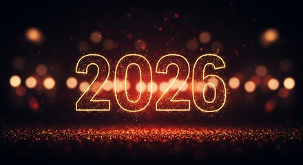 Illuminated '2026' text with sparkling particles against a dark background