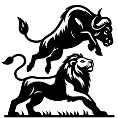 Silhouette of a lion lying down and a buffalo jumping in black and white illustration vector image