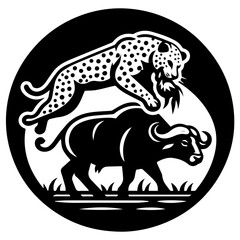 Leopard leaping over a buffalo in a black and white circular design with grass at the bottom edge