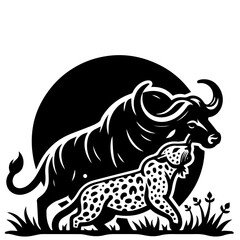 A lion attacks a buffalo in a black and white illustration with grass at the bottom of the image