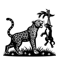 A leopard stands guard as a smaller black cat hangs suspended from a branch in a monochrome scene