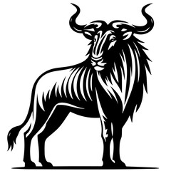 Illustration of a black and white wildebeest with curved horns in a standing position and looking left