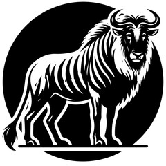 Illustration of a wildebeest standing in profile with a black circle in the background design element