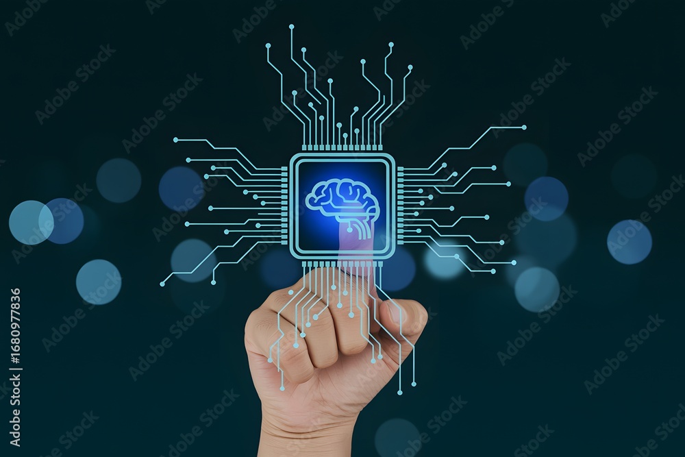 Poster a hand touching a digital brain inside a circuit board on a dark blue bokeh background design