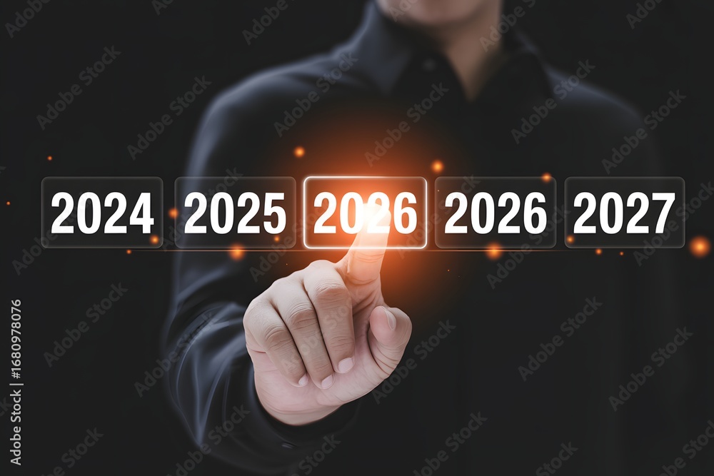 Poster a person selecting the year 2026 from a digital display of future years with their index finger
