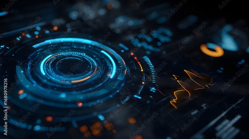 Poster cybernetic interface: a detailed image of a modern, futuristic cybernetic interface, pulsing with a 