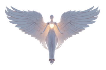 Elegant Angel Silhouette with Glowing Heart, Minimalist Style, Isolated on Transparent Background
