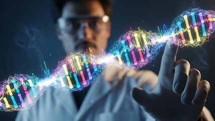 Innovative Scientific Research and Technology Concept with a Male Scientist in Lab Coat and Safety Glasses Interacting with a Vibrant 3D DNA Helix Visualization for Advanced Genetic Studies and