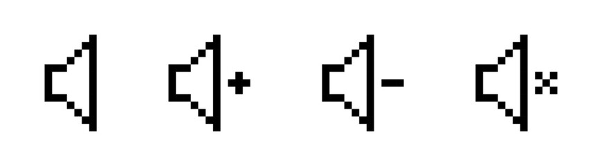 Speaker volume icons in minimal dot style showing sound control mute volume up and volume down symbols, Audio Icon, Mute Button, Sound Sign, Speaker Symbol, Pixel art.