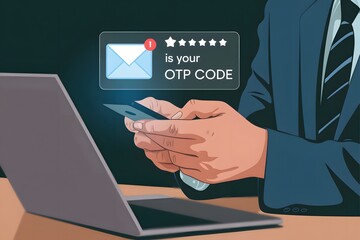 A businessman checking otp code on his phone near laptop with email notification on the screen