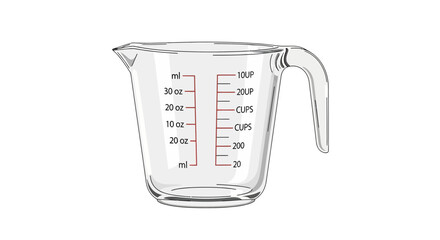 Stylized illustration of a clear measuring cup for culinary purposes
