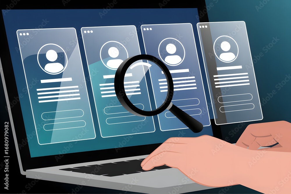 Poster a laptop displaying profiles with a magnifying glass being used by hands on the keyboard typing