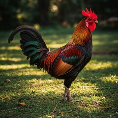 A proud rooster showcasing its brilliant, multi-colored plumage while standing in a lush green pasture at sunrise