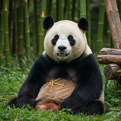 Fototapeta premium Charming giant panda sitting contently on the lush green grass, holding a pile of bamboo shoots after a meal in a beautiful forest