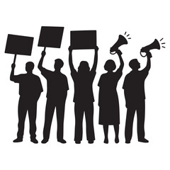 A black and white silhouette image of five people protesting. 