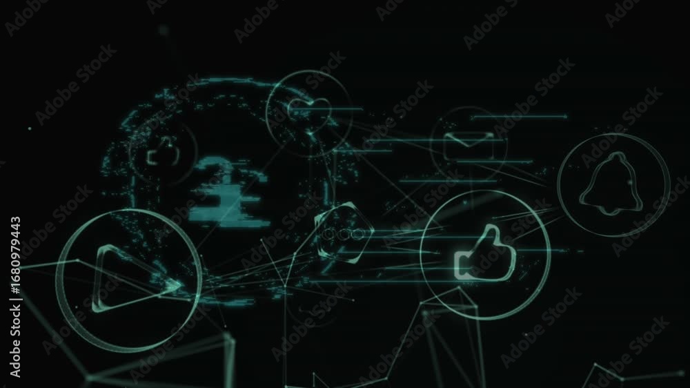 Poster digital animation of network of digital icons over security padlock icon against black background