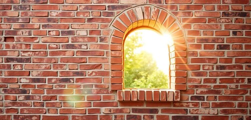 Rough brick wall texture with a single, arched window, sunlight streaming through,  weathered,  exterior