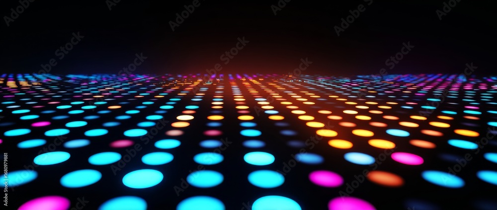 Poster a futuristic and vibrant setting is created by a glowing abstract tunnel that incorporates a spectru