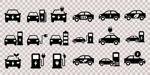 Set of 18 minimalist vector icons of electric cars, plugs and charging stations for apps, web, maps and signage