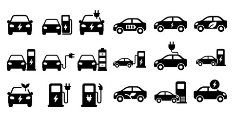 Set of 18 minimalist PNG icons of electric cars, plugs and charging stations for apps, web, maps and signage