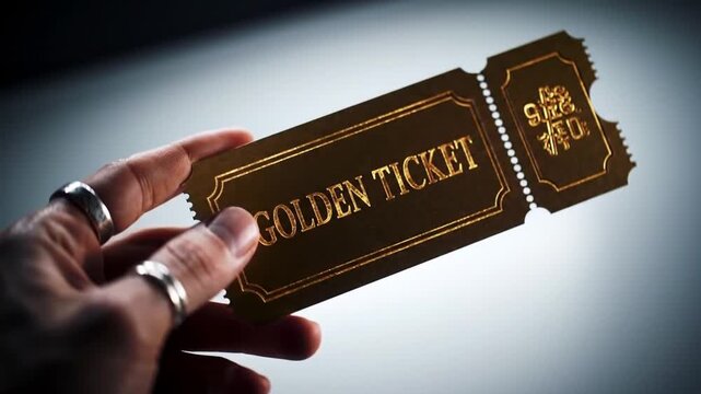 A golden ticket symbolizing luck, success, and exclusive opportunity. Perfect for themes of luxury, winning, reward programs, premium access, promotions, business success, or financial prosperity.