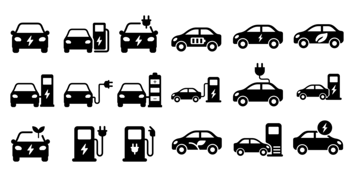 Set of 18 minimalist PNG icons of electric cars, plugs and charging stations for apps, web, maps and signage