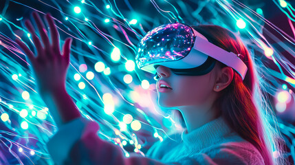 A kid girl interacts with a neural network display. Generative AI.
