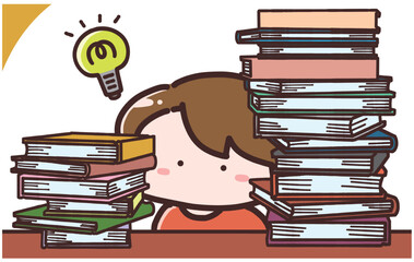 たくさんの本に囲まれながら閃いている女性のイラスト