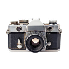 Aged, vintage camera, front view.  Patina, and wear are visible