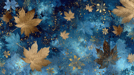Blue Background with Gold Brown Autumn Leaves and Snowflakes Digital Art Illustration