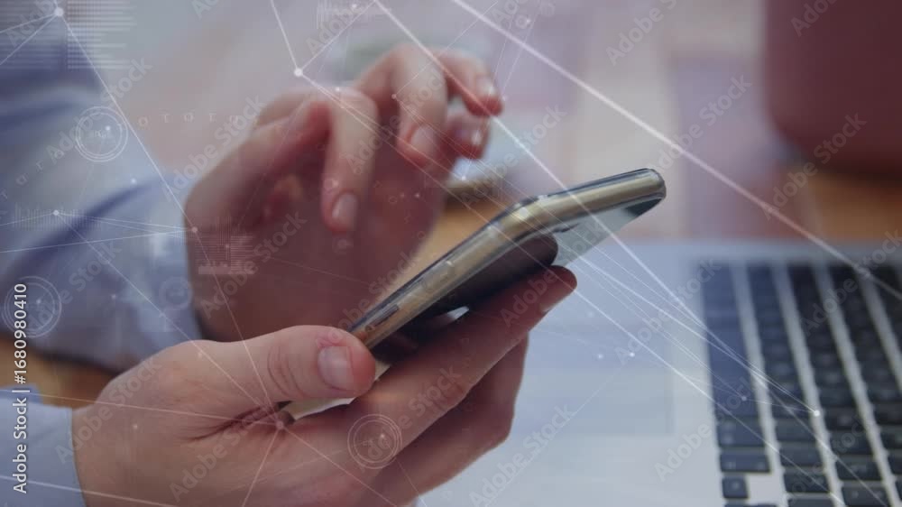 Poster animation of network of connections over man using smartphone