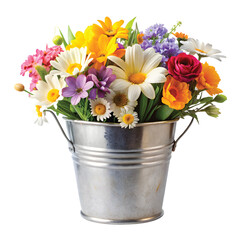 Decorative Floral Bucket: A metal bucket filled with fresh flowers, crisp PNG