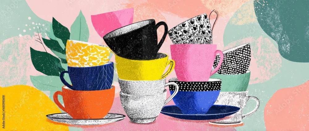 Poster colorful stacked coffee cups adorned with abstract patterns are prominently displayed in a vibrant k