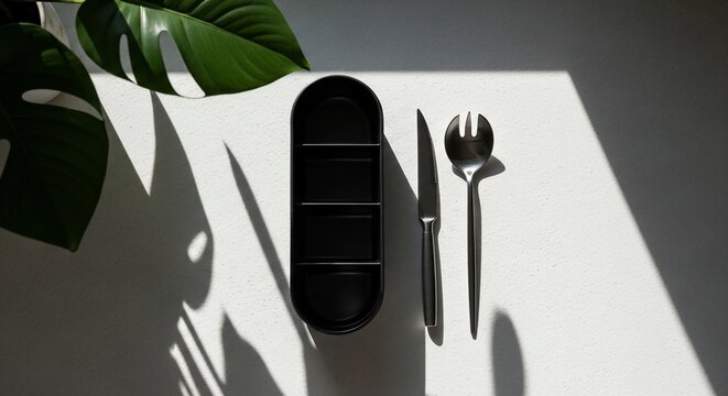 Minimalist black cutlery and lunchbox set on a white table with plant shadows.