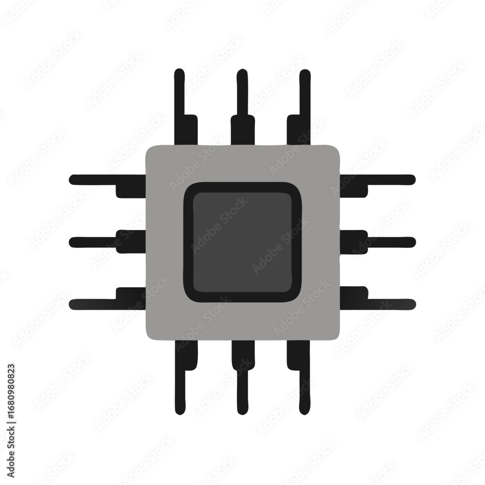 Poster illustration of a gray computer chip, representing technology, hardware, and digital processing in a
