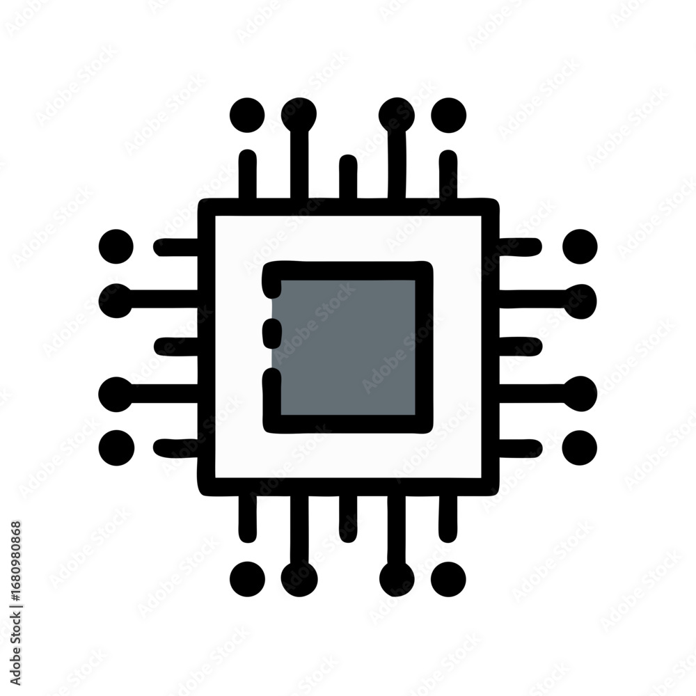 Poster illustration of a microchip with black outline, representing computer hardware and modern technology