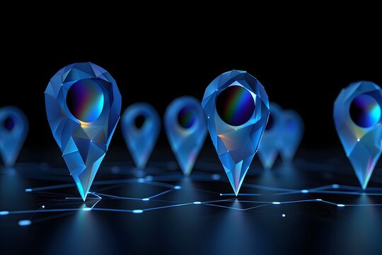 A digital network with blue gem like location pins connected by glowing lines on a dark background