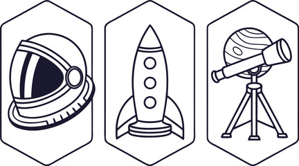 Adobe Illustrator Artwork A vector illustration of three space-themed icons featuring an astronaut helmet, retro rocket ship, and telescope in hexagon shapes