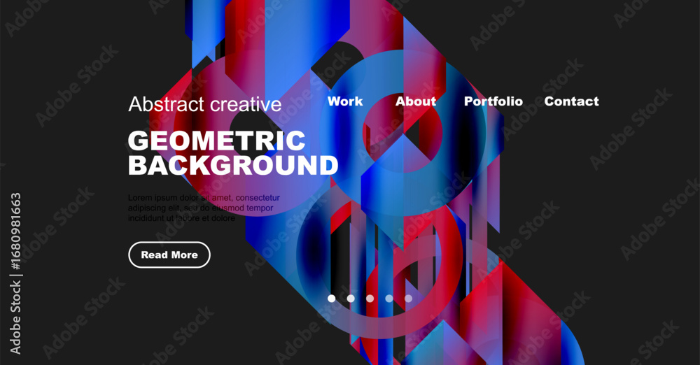 Poster abstract website mockup features vibrant geometric shapes, text, navigation menu. dark background en