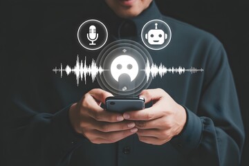 Person using a smartphone with a voice assistant interface and microphone and robot icons above it