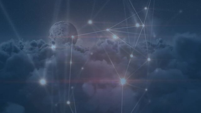 Glowing network of connections spinning over moon and clouds in the sky